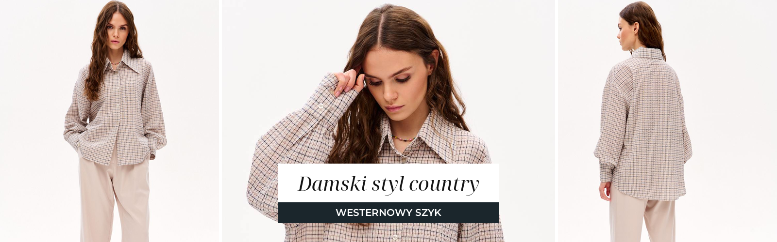 Kobieta w koszuli w kratę w duchu stylu country, baner artykułu o damskim stylu country.