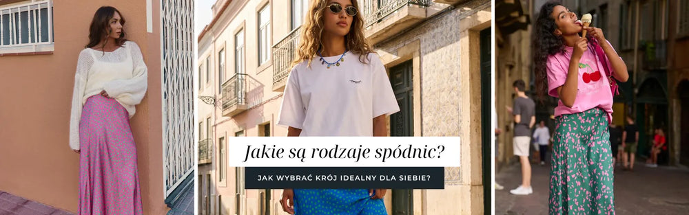 Trzy stylizacje ze spódnicami w plenerze, różowa satynowa maxi, biały t-shirt i zielona spódnica w kwiaty.