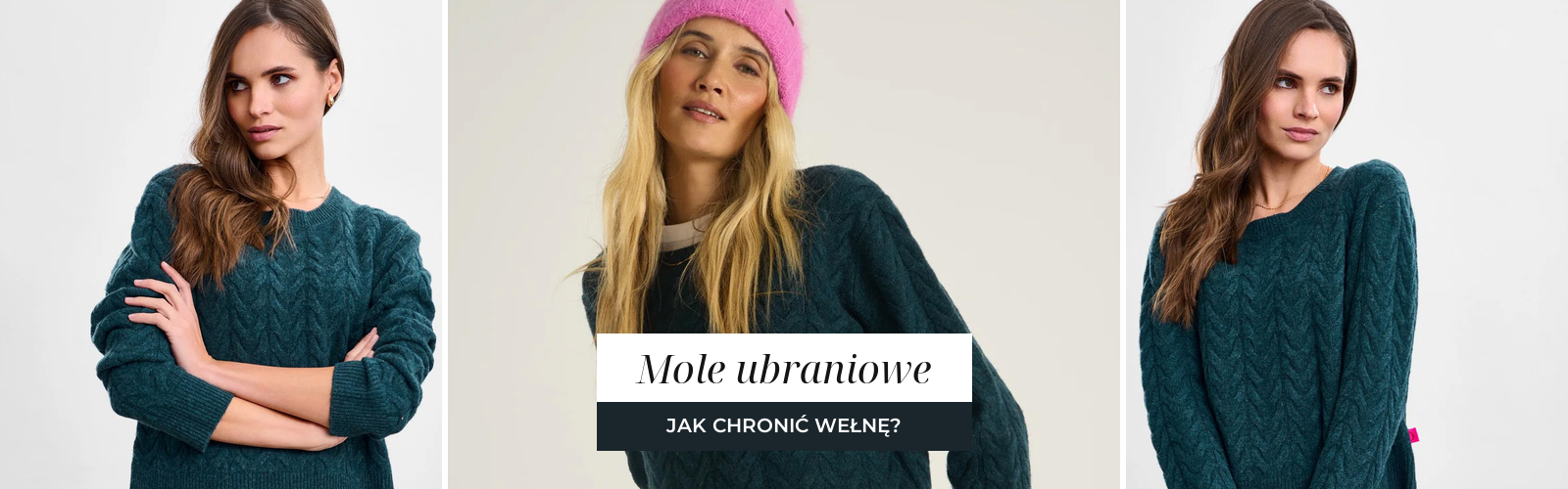 Ciemnozielony wełniany sweter o splocie warkoczowym