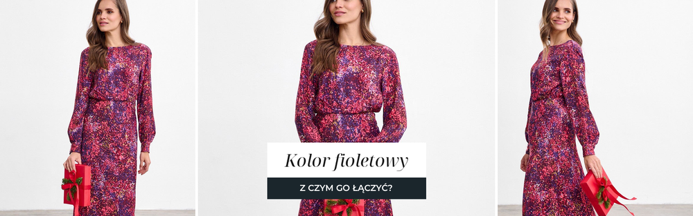 Kobieta w długiej fioletowej sukience we wzór, głęboki odcień z czerwoną nutą.