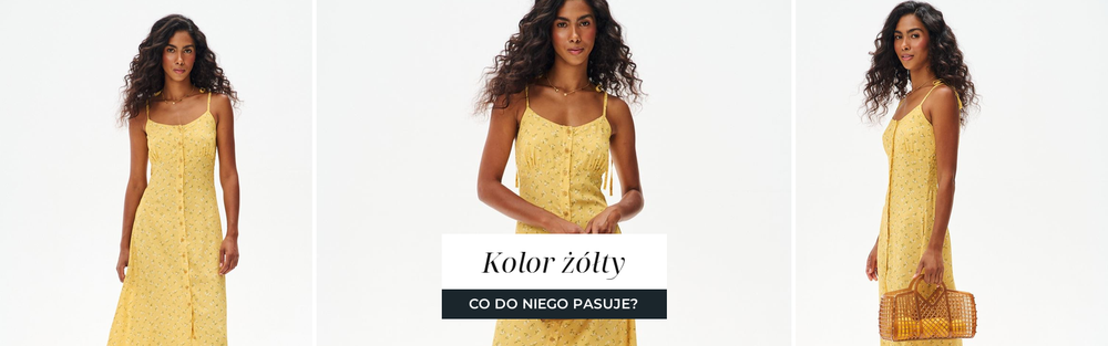 Kobieta w żółtej sukience midi na ramiączkach, nasycony odcień w letnim wydaniu.