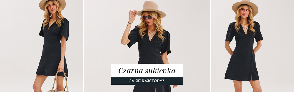 Kobieta w czarnej sukience mini z dekoltem V, jesienna stylizacja z kapeluszem.