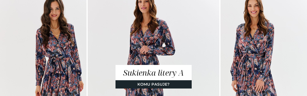 Kobieta w sukience o kroju litery A, kobieca stylizacja podkreślająca talię.